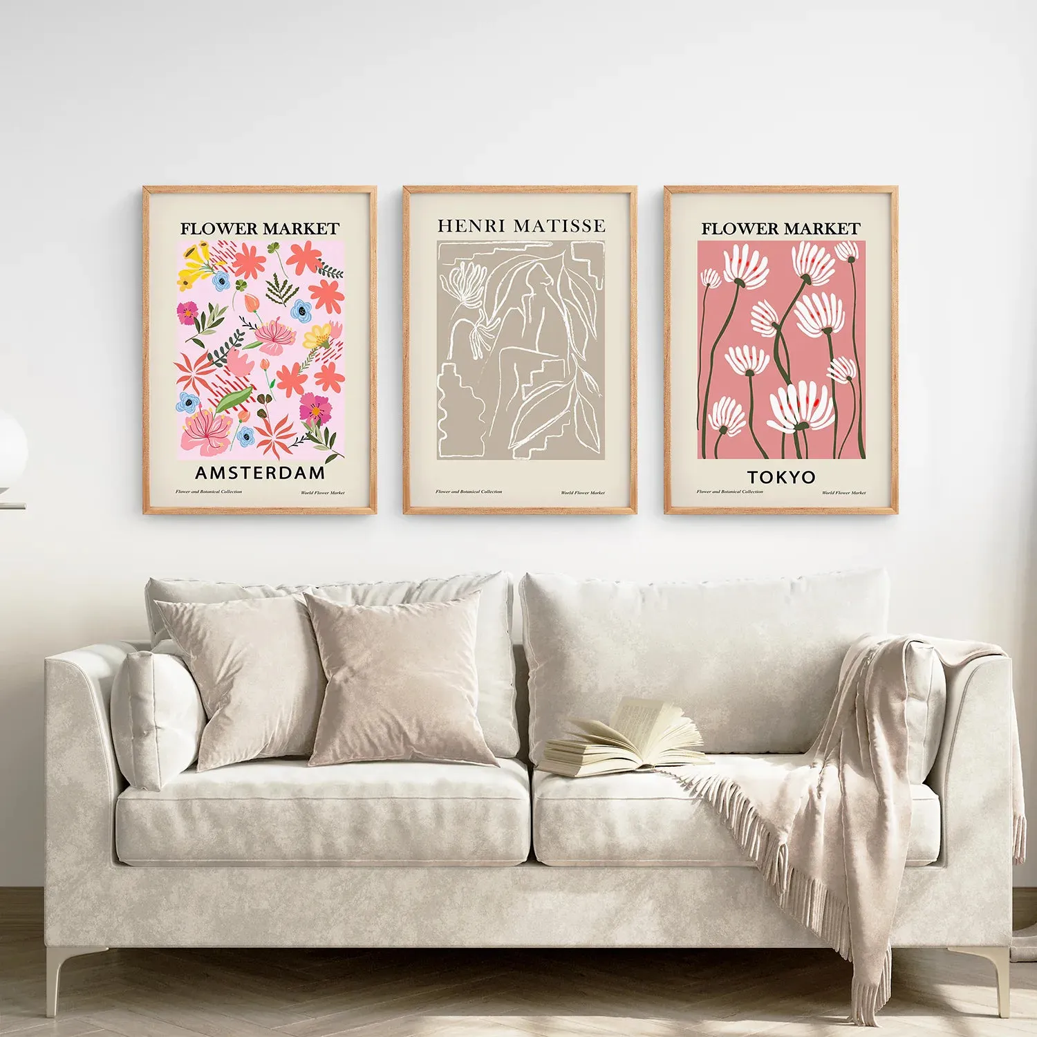 Pink and Beige Flower Market Set of 3 Prints. Retro Style