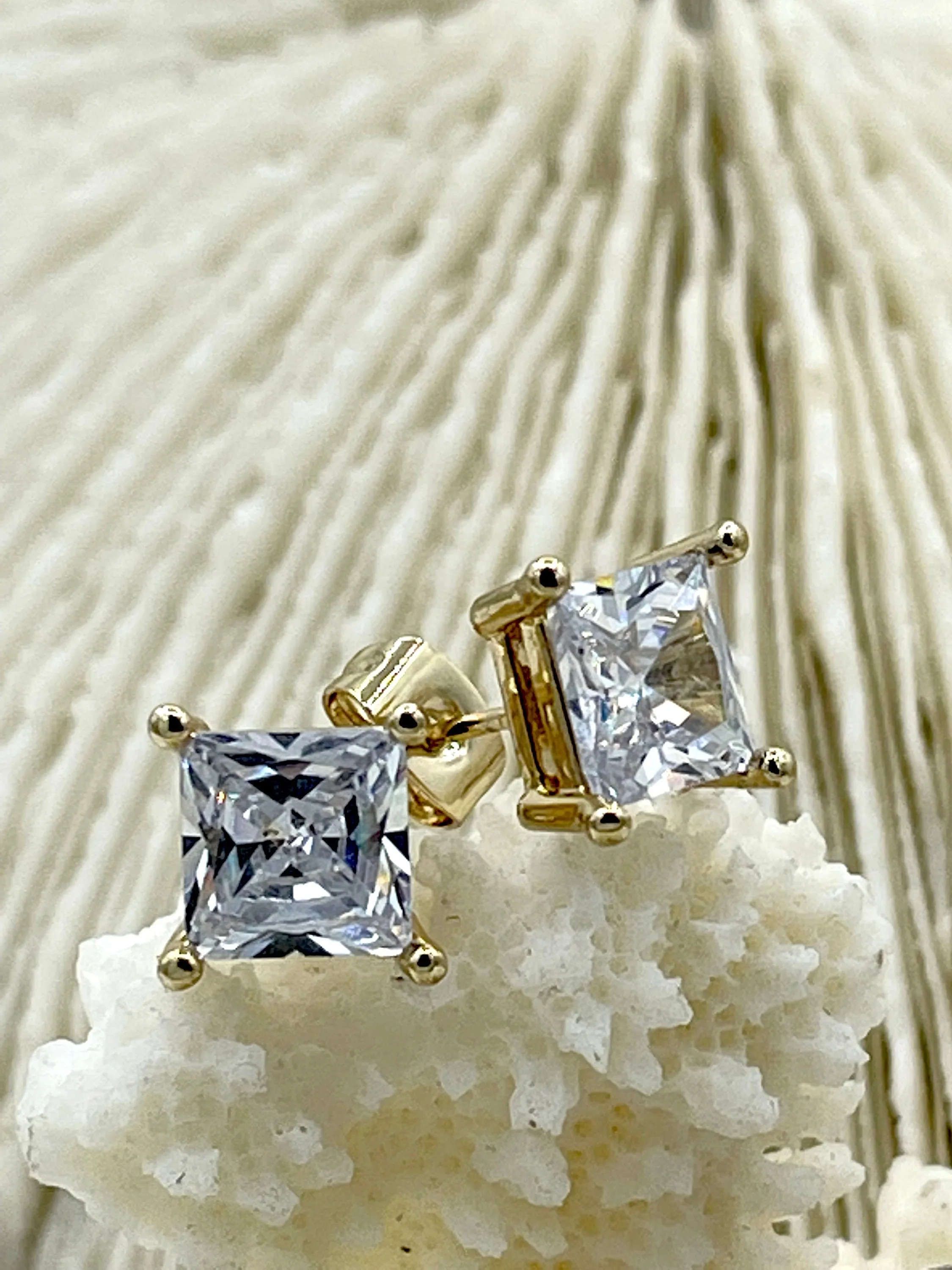 Princess Cut Simulated Diamond Stud Earrings, Brass Square Cubic Zirconia Earrings, Silver or Gold Stud, ,Statement Earrings,7mm, Fast Ship