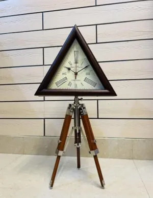 Quality Step Packers Retro Triangle Clock with Industrial Wooden Tripod Stand