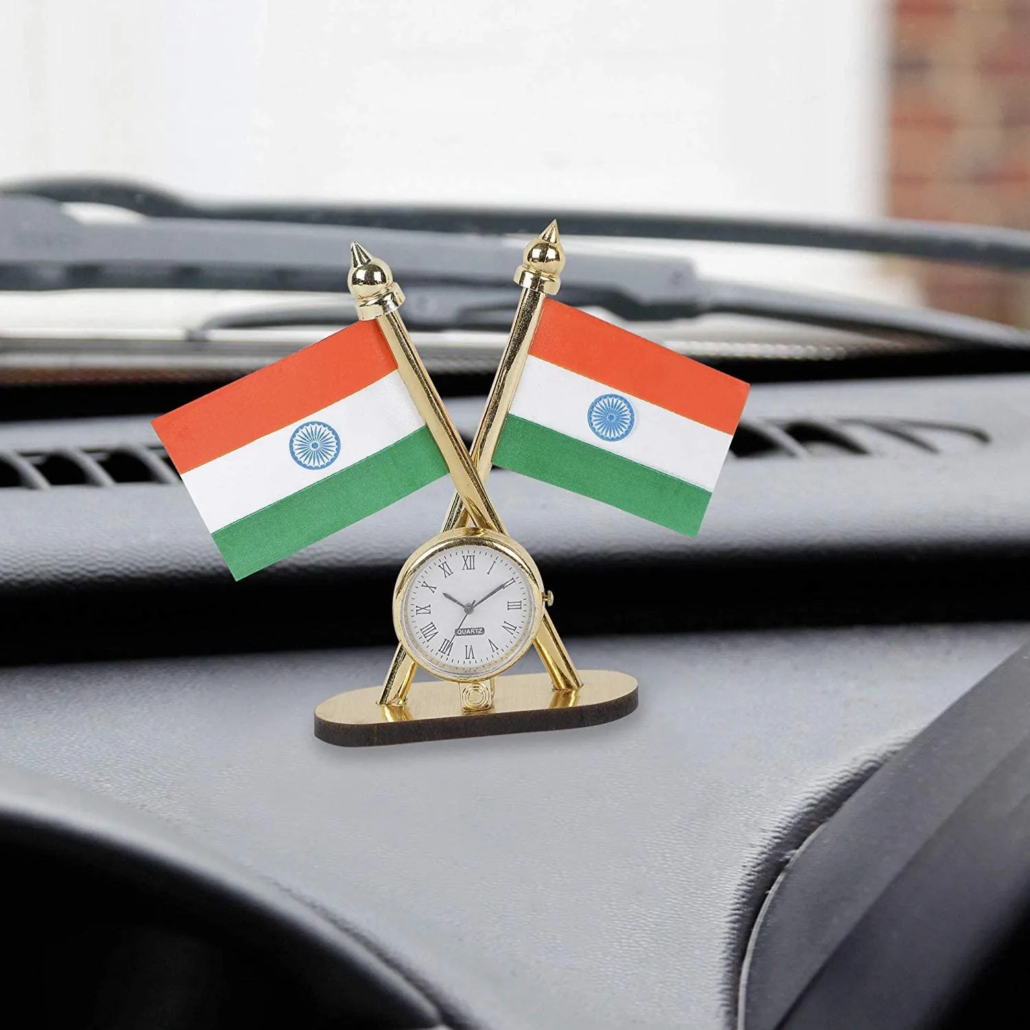 RHT Indian Cross Flag with Clock for Car Dashboard Flag and Office Table