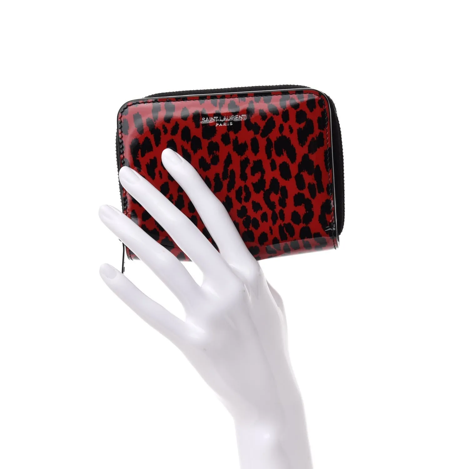 Saint Laurent Baby Cat Red Patent Leather Leopard Print Wallet