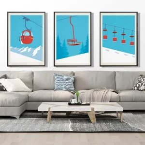 Set of 3 unframed minimalistic ski lift prints, Set of 3 unframed ski lift posters