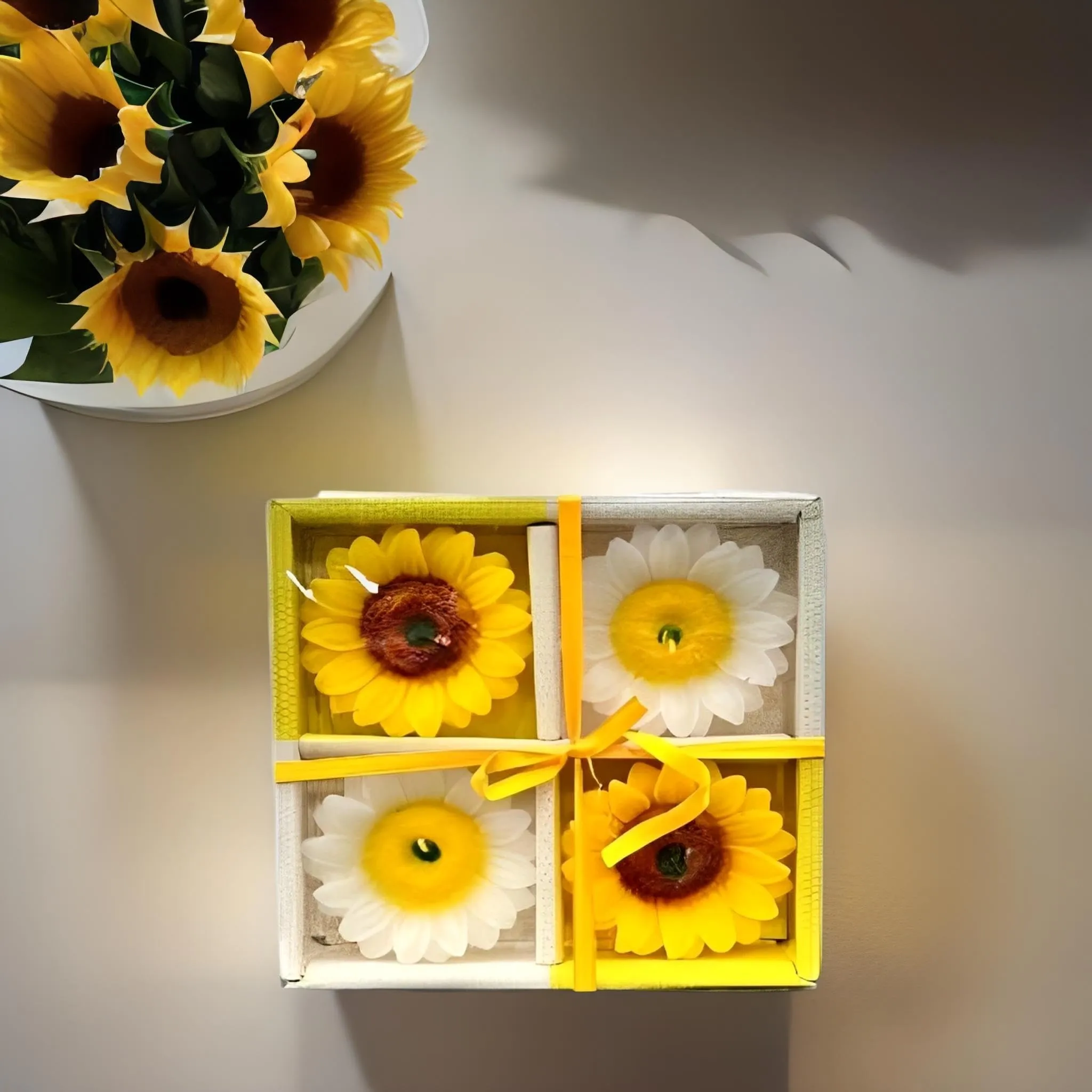 The Decor Affair Set of 4 Beautiful Sun Flower Shape Wax Floating Candles - Multicolour Flowers, Ideal for Home Decor, Diwali Gift, and New Year Gifts. (Yellow and White)