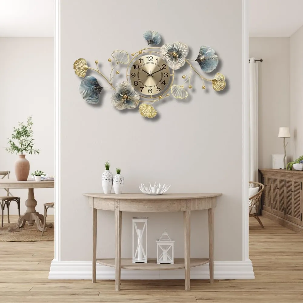 The Decor Company Metal Wall Clock-Floral Design With Silent Sweep Machine-Ideal Home Decor Items & Wall Decoration Items For Living Room/Bedroom/Dining Hall/Office/Cafes/Hotels-Analog,94 Cm,Blue