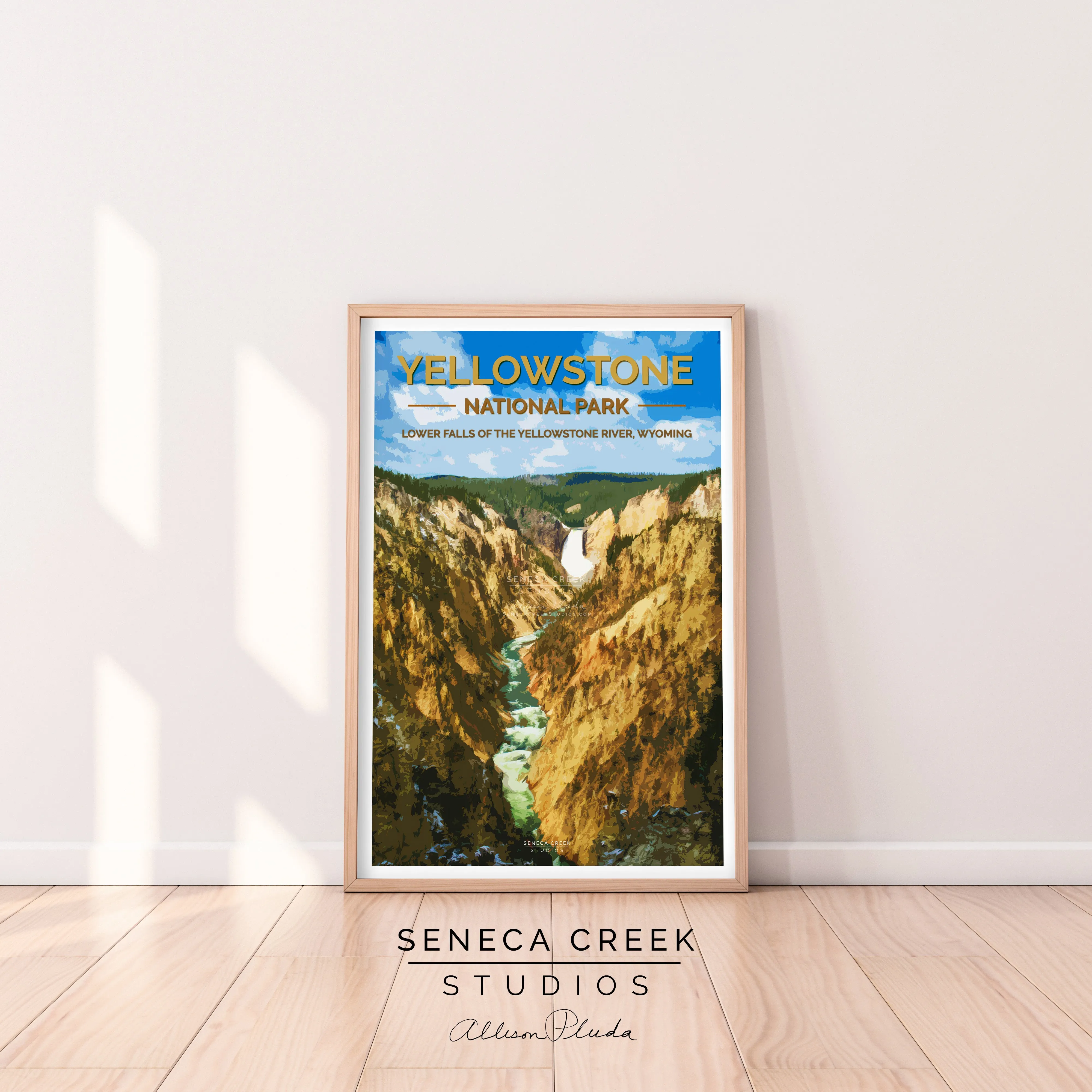 “Yellowstone National Park, Lower Falls of the Yellowstone River” 12x18 High Quality Vintage Poster Art Print - Original Artwork