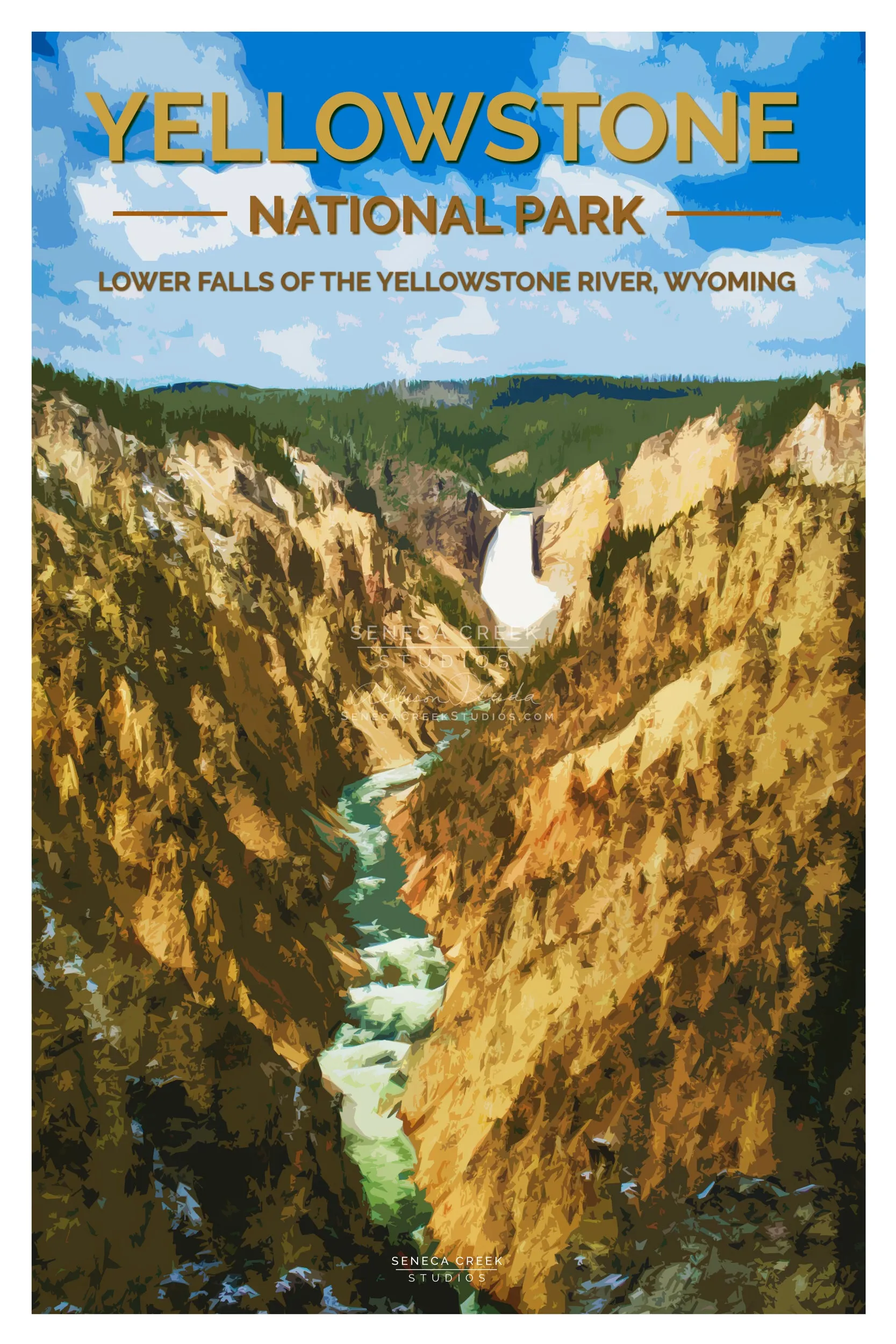 “Yellowstone National Park, Lower Falls of the Yellowstone River” 12x18 High Quality Vintage Poster Art Print - Original Artwork